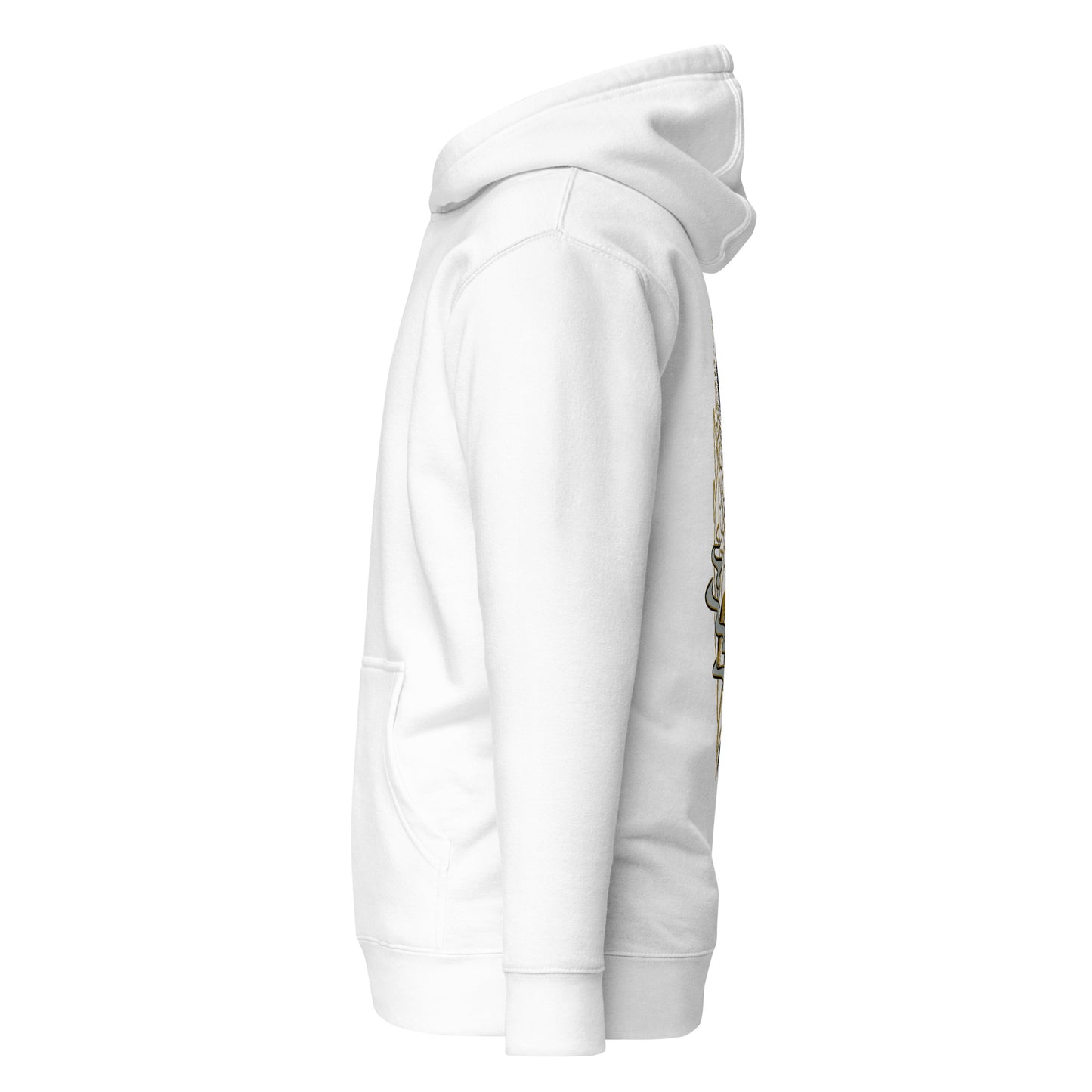 Left side view of the White Nine Sols Balance Hoodie Yin Yang Presence with partial back design visible along the side