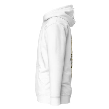 Left side view of the White Nine Sols Balance Hoodie Yin Yang Presence with partial back design visible along the side