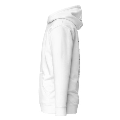 Left side view of the white Nine Sols Silent Resolve Taopunk Portrait hoodie highlighting side profile and overall silhouette