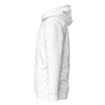 Left side view of the white  Nine Sols Orbiting Focus Taopunk Motion hoodie with partial back print visible along the side