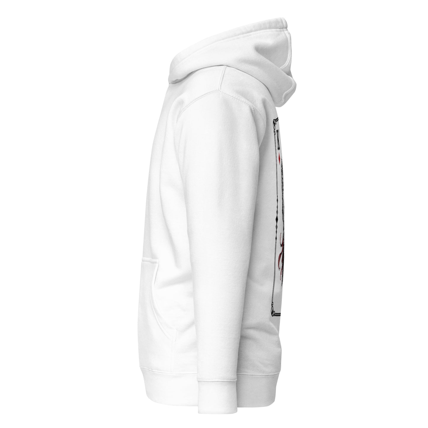 Left side view of the White Crowsworn King of Diamonds hoodie with relaxed streetwear fit