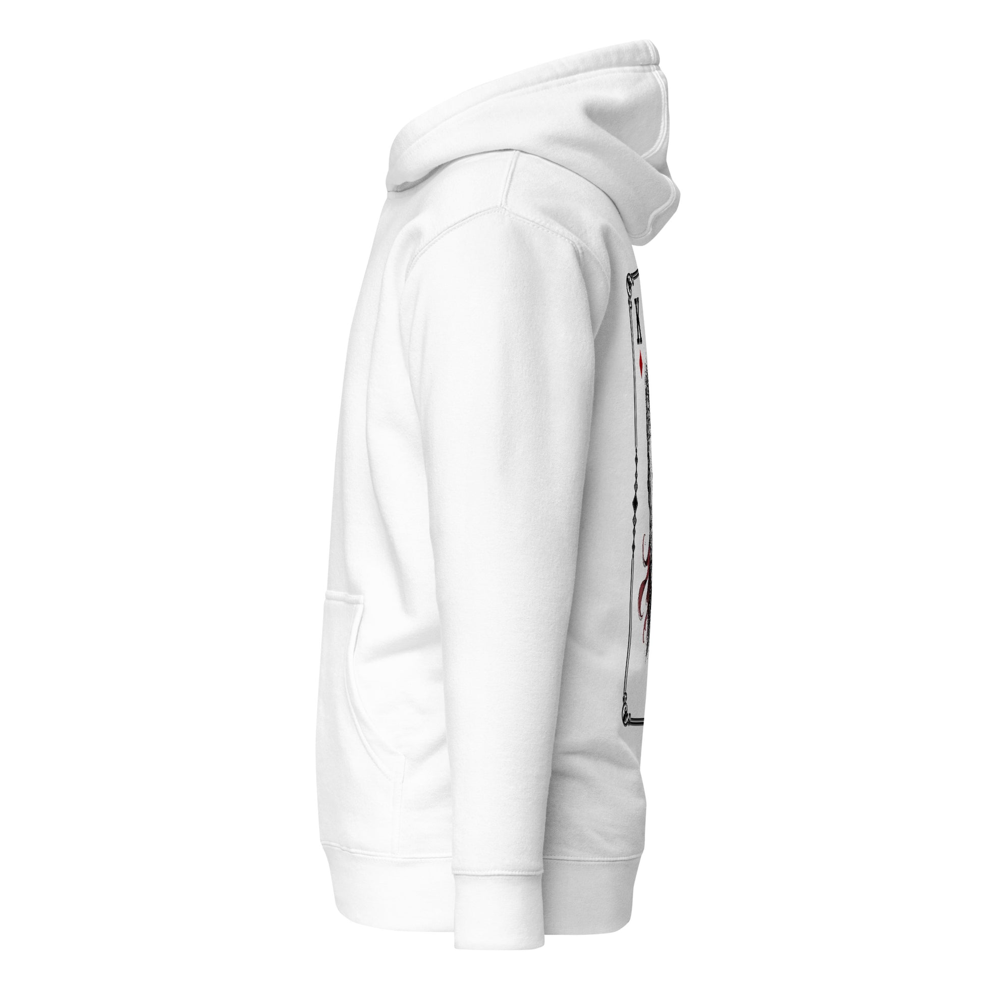 Left side view of the White Crowsworn King of Diamonds hoodie with relaxed streetwear fit