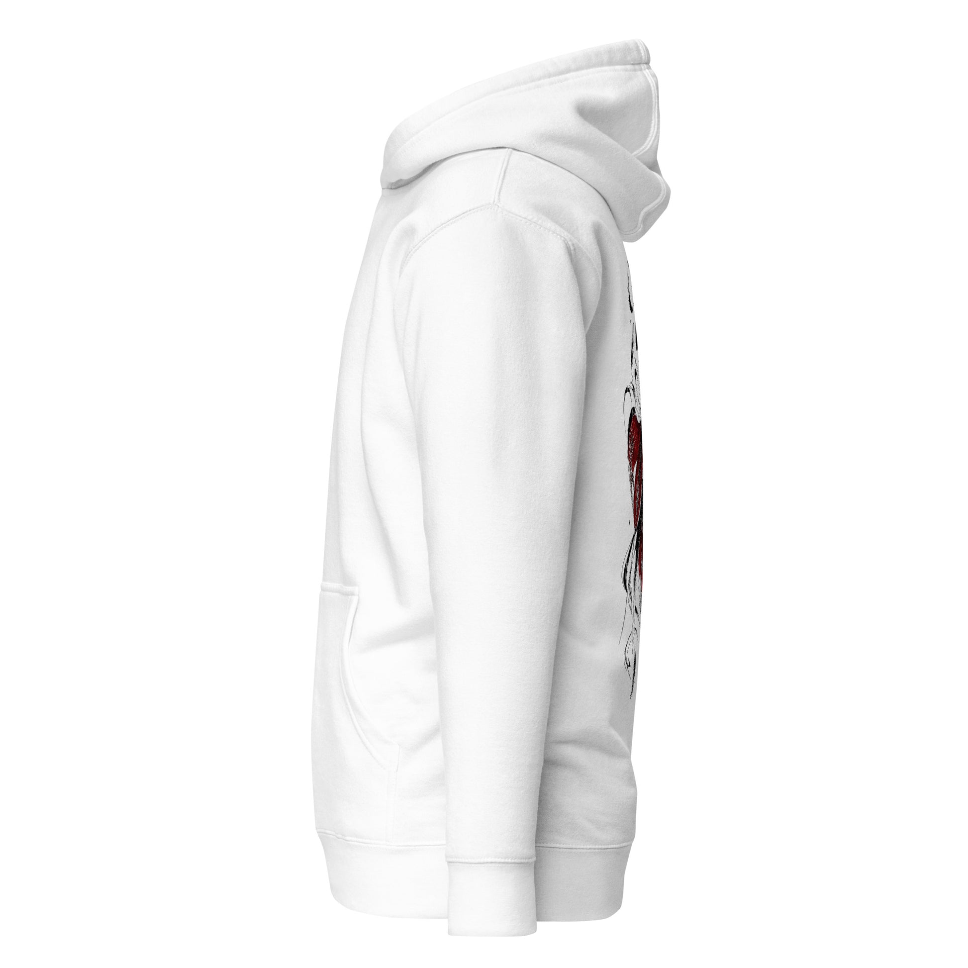 Left side view of the White Crowsworn Crimson Wraith hoodie with relaxed streetwear fit
