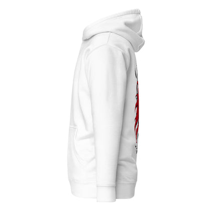 Left side view of the White Crowsworn Crimson Scythe hoodie showing relaxed streetwear fit