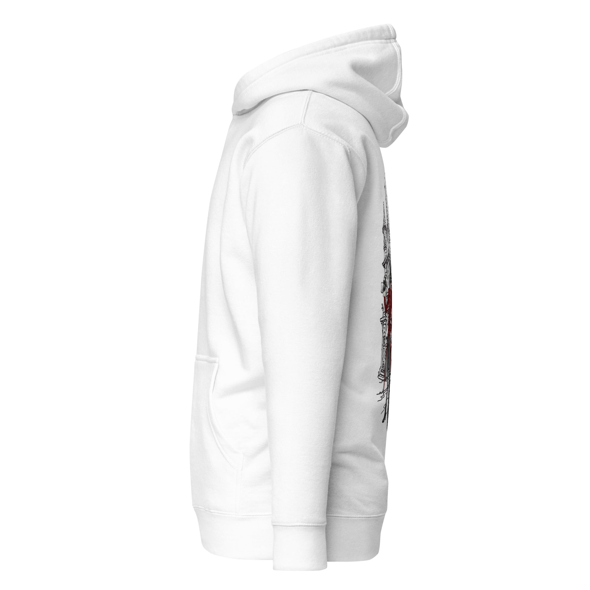 Left side view of the  White Crowsworn Gothic Hunter hoodie showing a relaxed streetwear fit