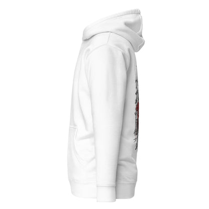 Left side view of the  White Crowsworn Gothic Hunter hoodie showing a relaxed streetwear fit