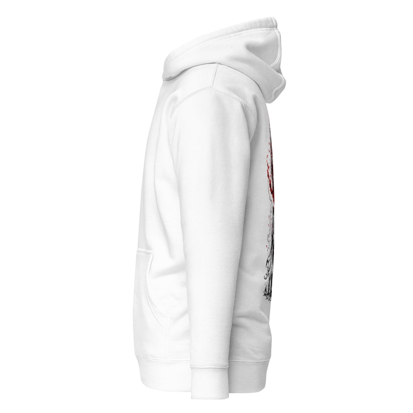 Left side view of The Blood of Dawnwalker Crimson Eclipse Hoodie showing side profile, hood shape and sleeve structure