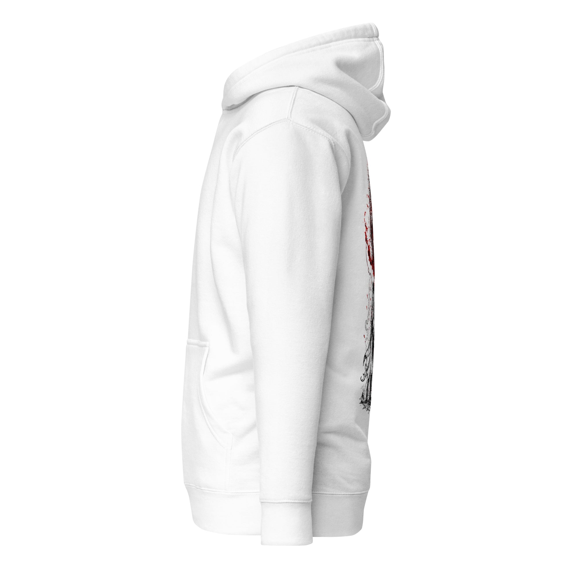 Left side view of The Blood of Dawnwalker Crimson Eclipse Hoodie showing side profile, hood shape and sleeve structure