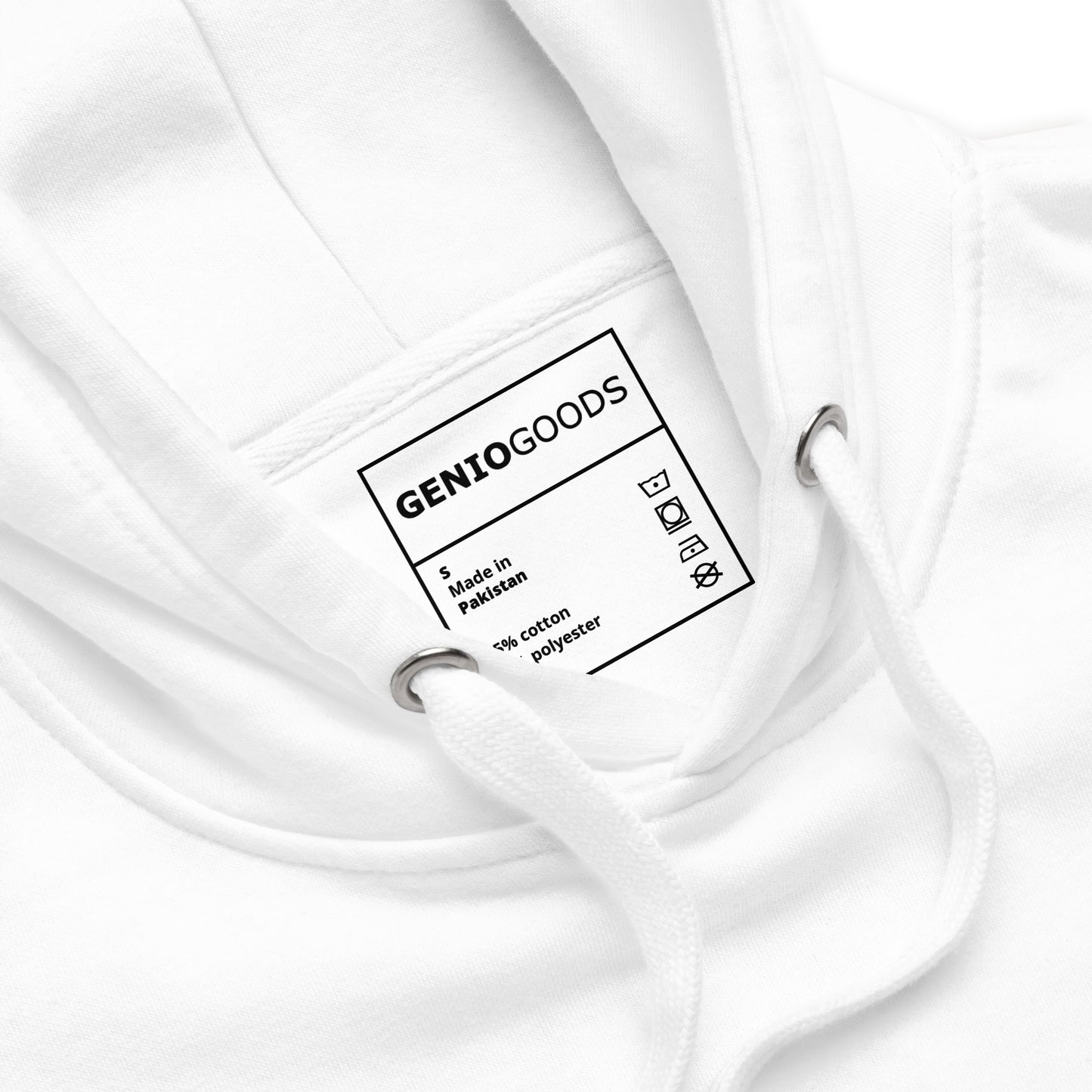 Close-up of the  White Crowsworn Gothic Hunter hoodie fabric and GenioGoods neck label