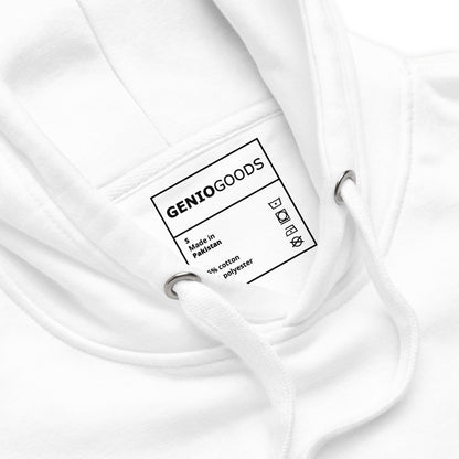Close-up of the  White Crowsworn Gothic Hunter hoodie fabric and GenioGoods neck label