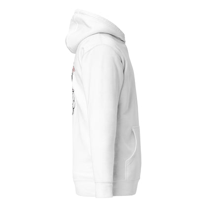 Right side view of the White Nine Sols Cliff Duel Hoodie Fallen Guardian Duel showing sleeve structure and relaxed fit