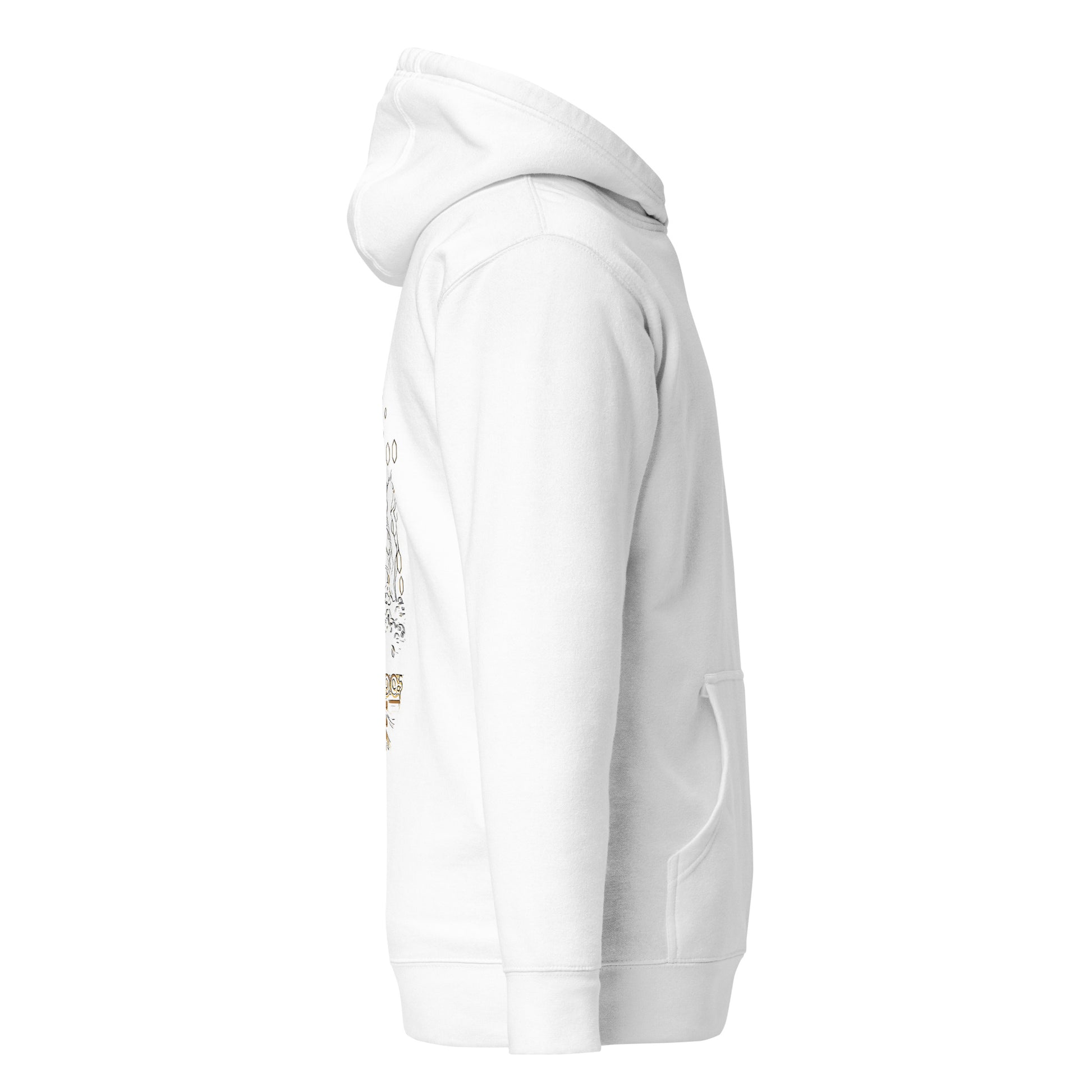 Right side view of the White Nine Sols Butterfly Hoodie Golden Echo Presence showing sleeve structure and relaxed fit