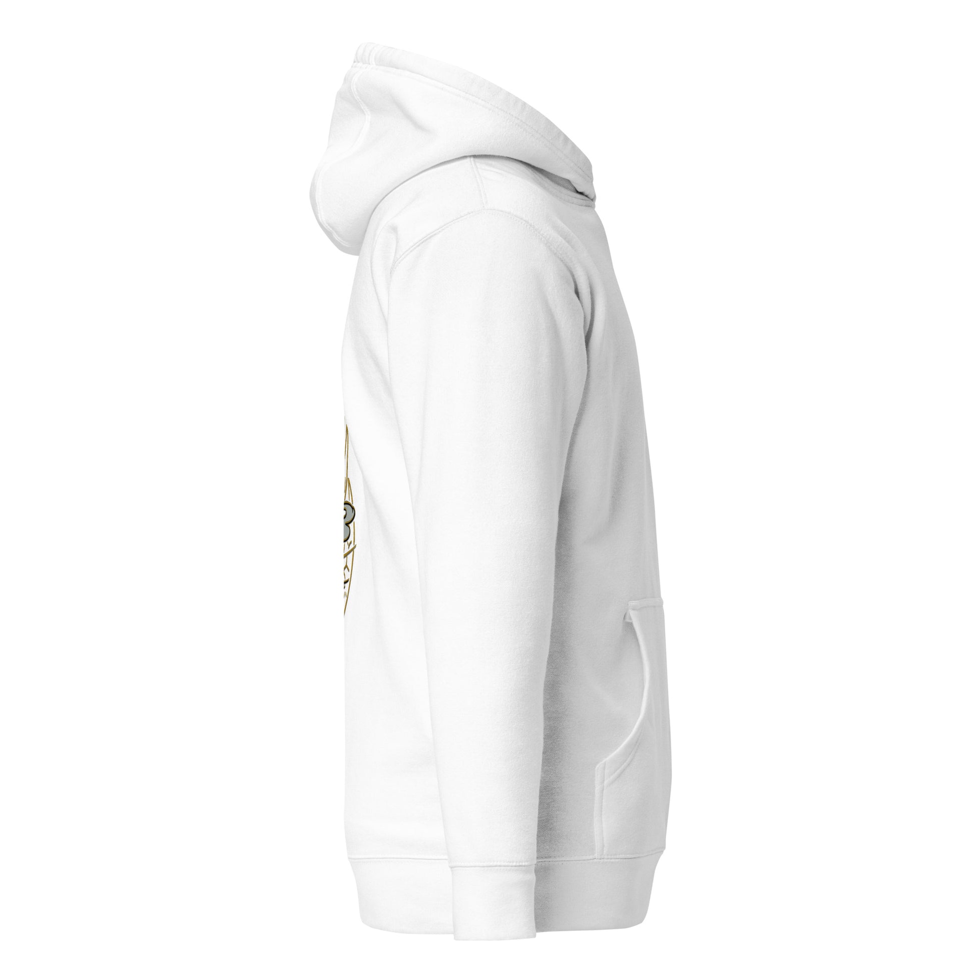 Right side view of the White Nine Sols Balance Hoodie Yin Yang Presence showing sleeve structure and relaxed fit