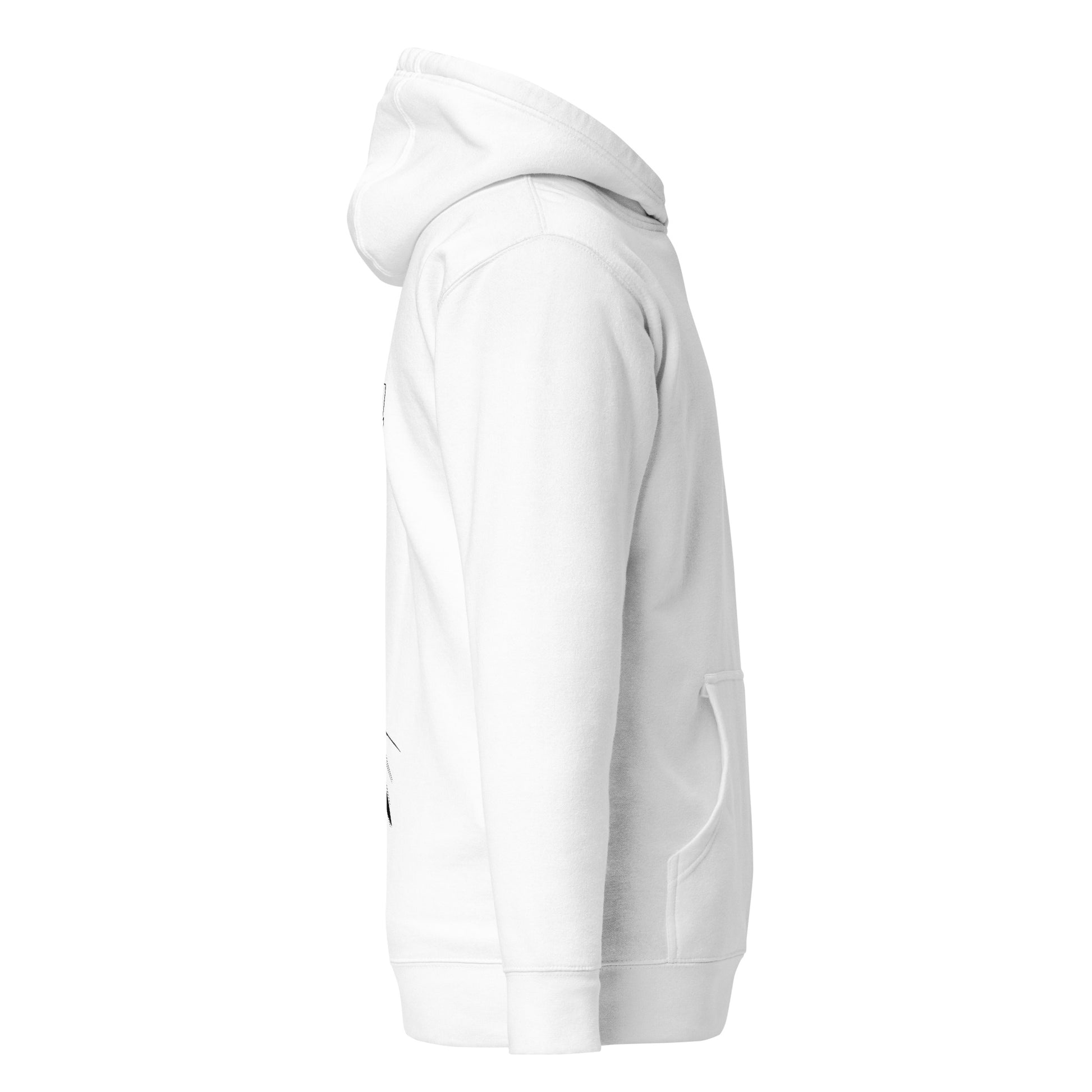 Right side view of the white Nine Sols Silent Resolve Taopunk Portrait hoodie showing sleeve structure and relaxed fit