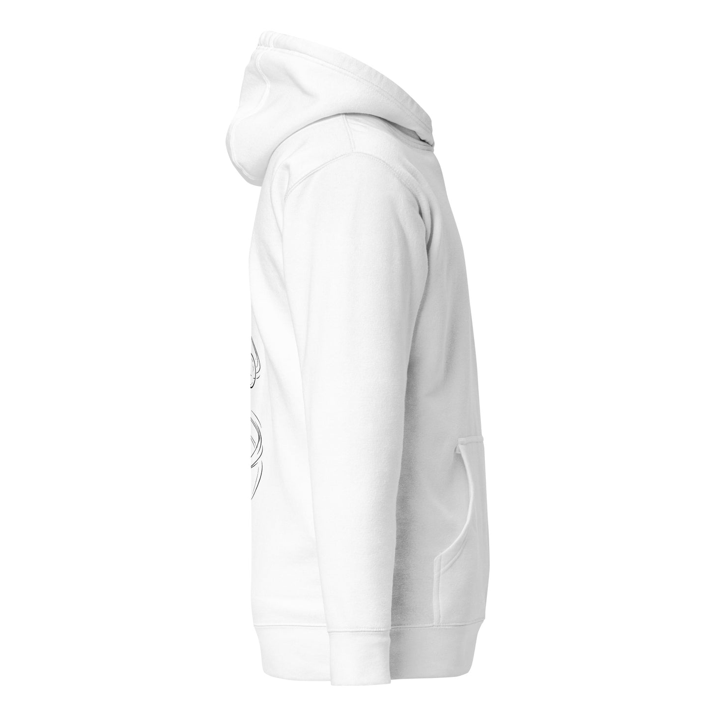 Right side view of the white  Nine Sols Orbiting Focus Taopunk Motion hoodie showing sleeve structure and side silhouette