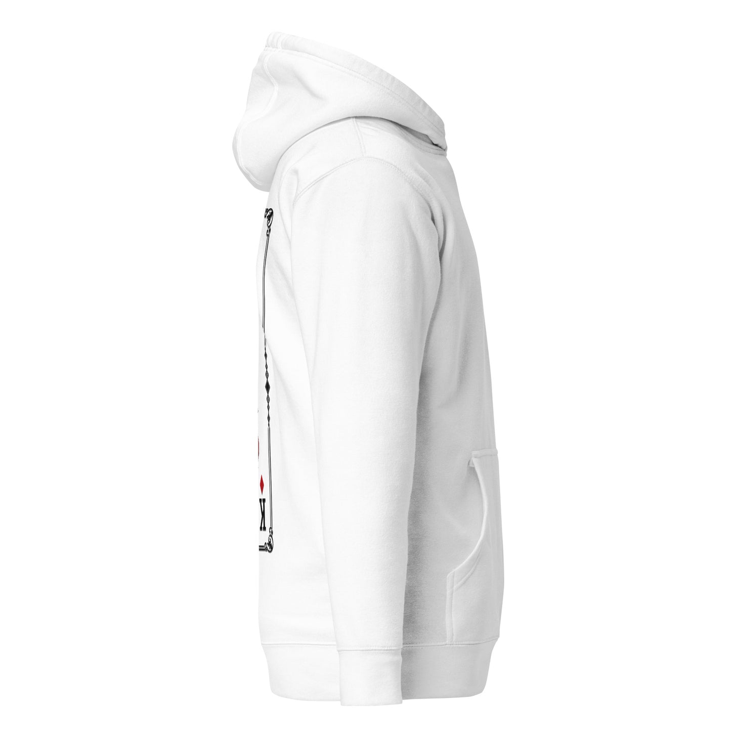 Right side view of the White Crowsworn King of Diamonds hoodie with casual unisex silhouette