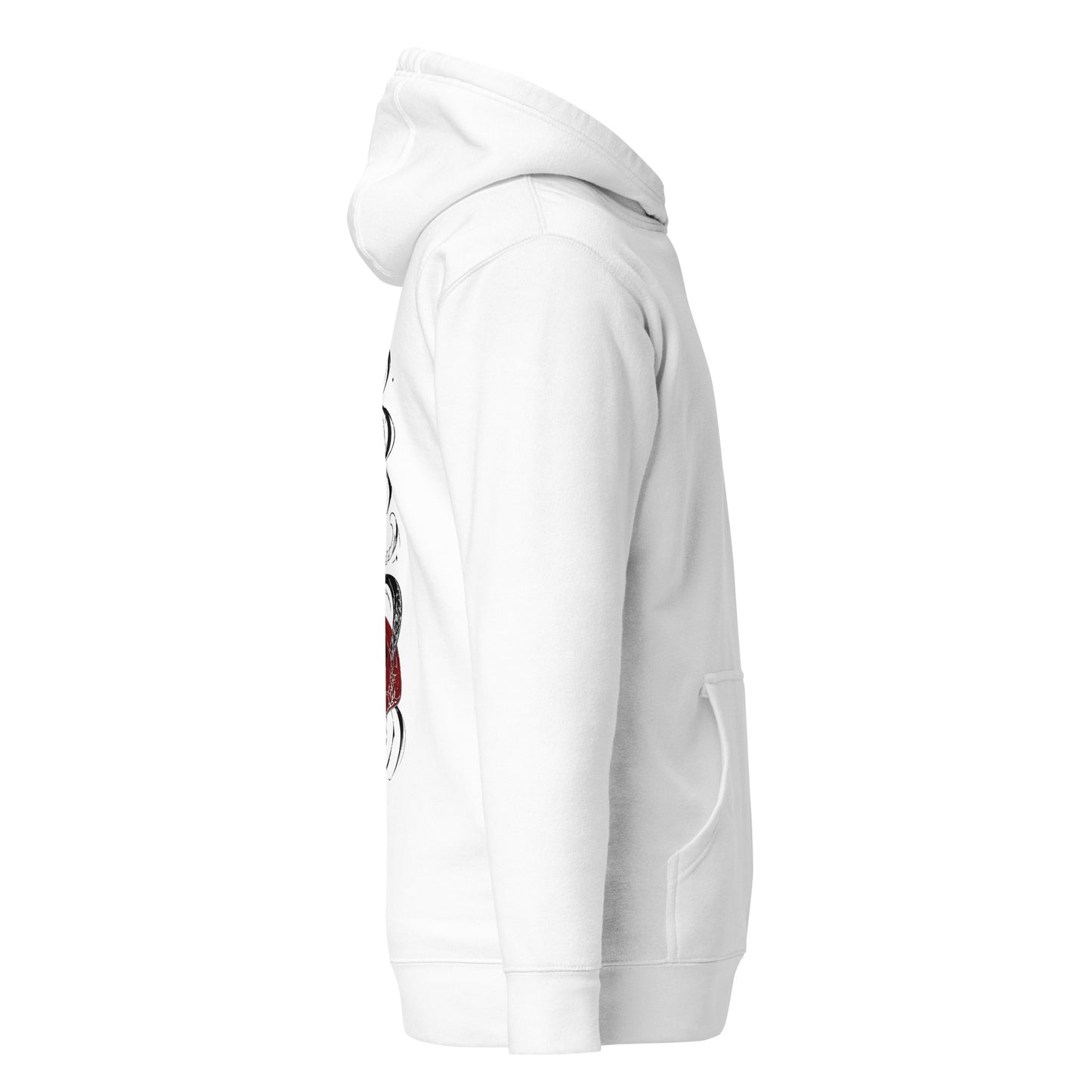 Right side view of the White Crowsworn Crimson Wraith hoodie with casual unisex silhouette