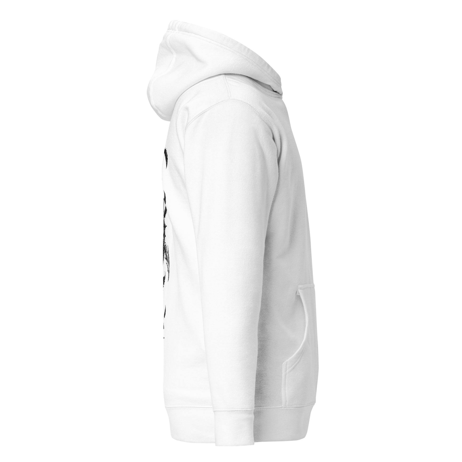 Right side view of teh White Crowsworn Crimson Scythe hoodie with soft casual silhouette