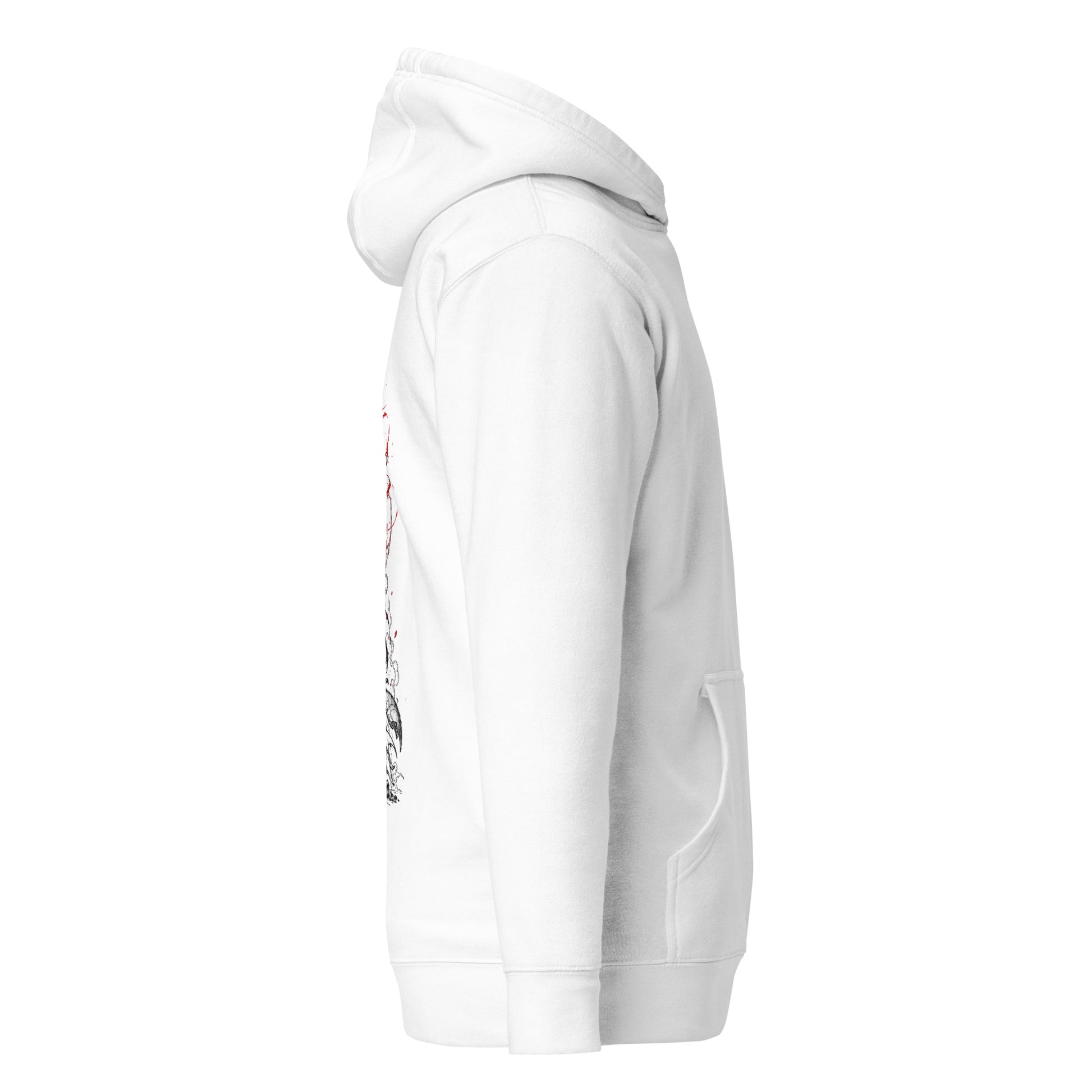 Right side view of The Blood of Dawnwalker Crimson Eclipse Hoodie showing side silhouette, hood shape and sleeve profile