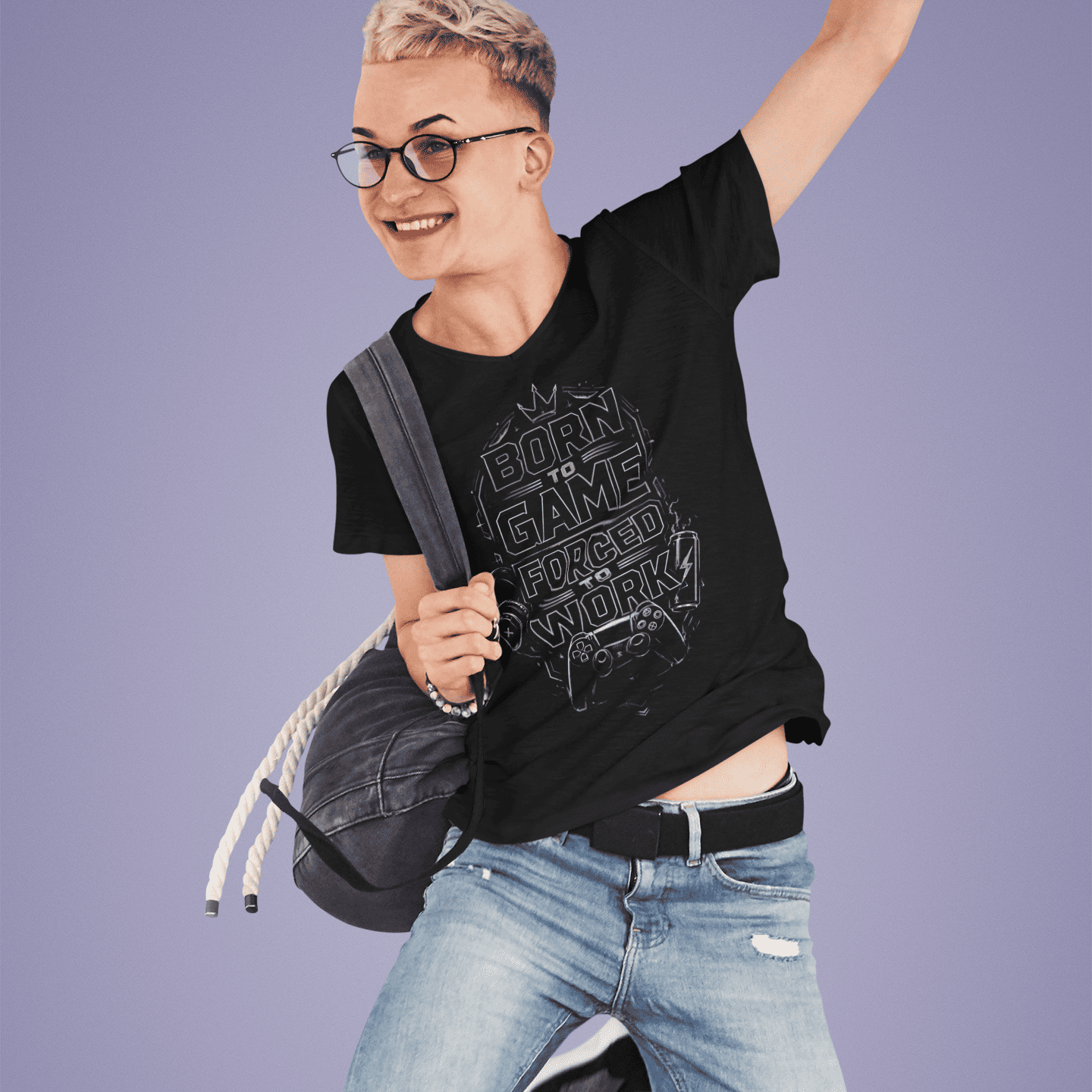 Full body view of Born to Game Forced to Work T-Shirt – Headset Gamer Mode worn by a jumping model against a studio backdrop
