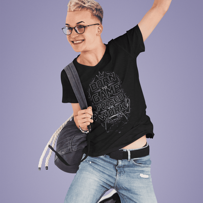 Full body view of Born to Game Forced to Work T-Shirt – Headset Gamer Mode worn by a jumping model against a studio backdrop