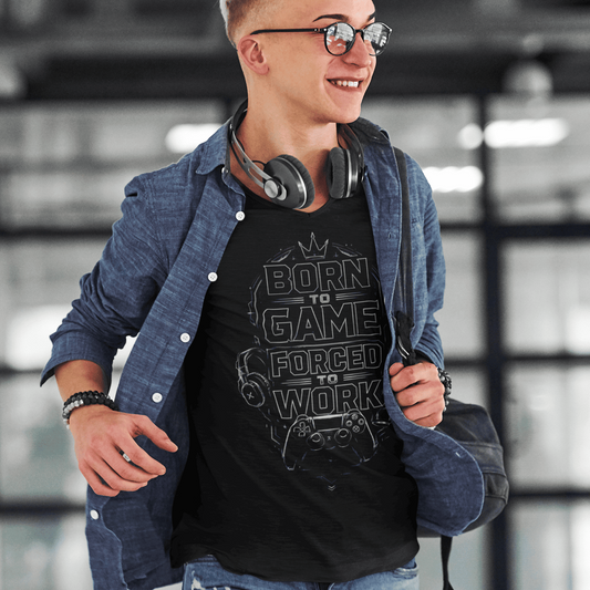 Full body lifestyle view of Born to Game Forced to Work T-Shirt – Headset Gamer Mode worn while walking indoors