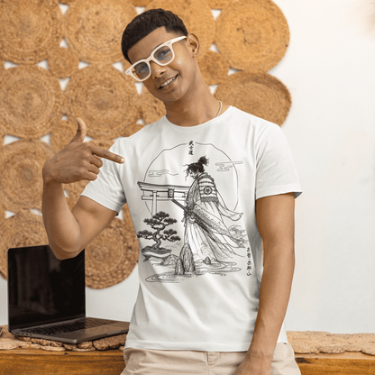 Male model standing in Bushido Samurai T-Shirt with quiet warrior garden design in a warm indoor lifestyle scene.