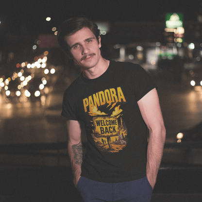 Man wearing a black t-shirt with 'Pandora Welcome Back' text and graphics, standing in a city street at night.