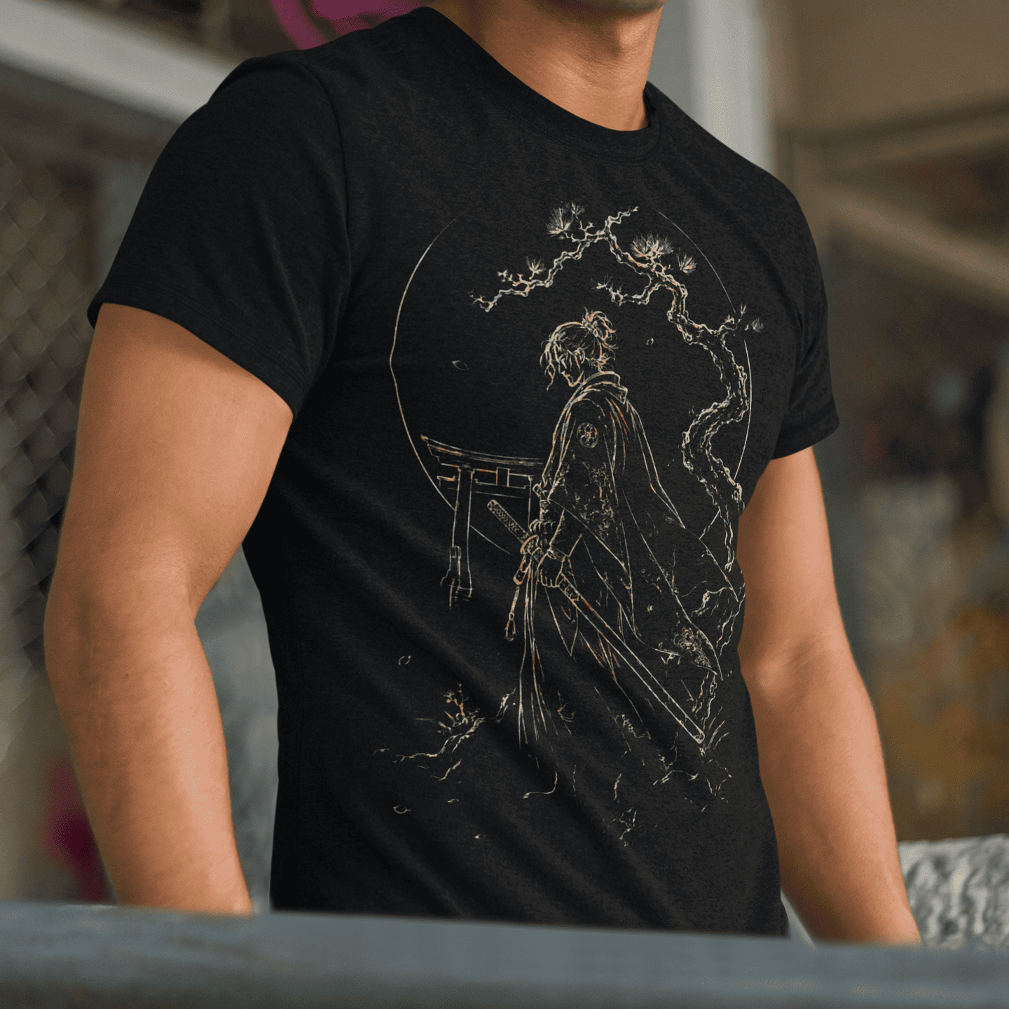 Close-up of Torii Samurai T-Shirt featuring a dark warrior gate graphic in a relaxed urban setting.