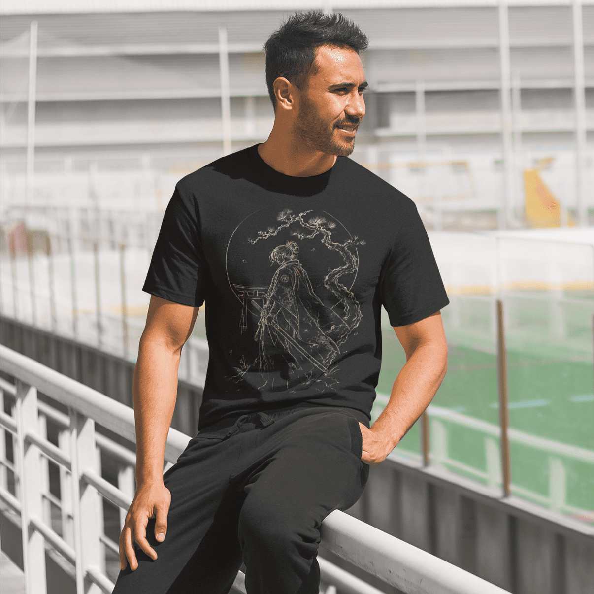 Male model wearing Torii Samurai T-Shirt with quiet warrior artwork overlooking an urban sports field.